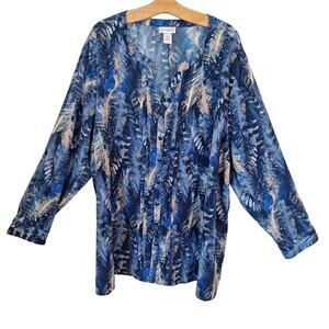 Catherines Blue Feather Print Button Up Blouse Long Sleeve Women Size 3X Boho